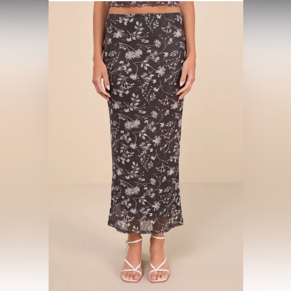Glamorous Dark Grey Floral Mesh Maxi Skirt High Waist Column Ankle Length L NWT - Picture 2 of 3